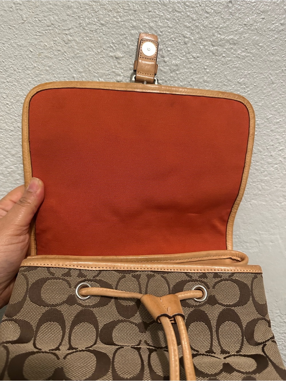 Vintage Coach Tan/Brown Cognac Signature Canvas Backpack with Leather Tan Trim - Picture 7 of 14